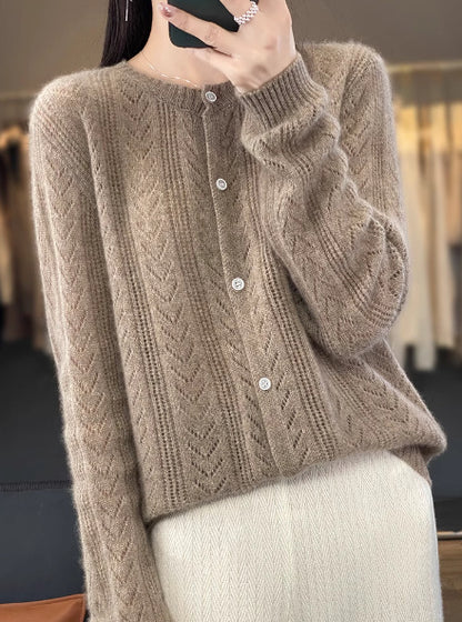 Round Neck Cardigan Hollow Cashmere Sweater Coat For Women