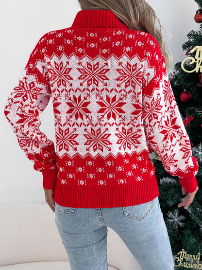 Snowflake Pattern Lantern Sleeve Turtleneck Pullover Sweater