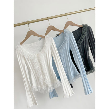 Wooden Ear Lace Stitching U-collar Knitted Top