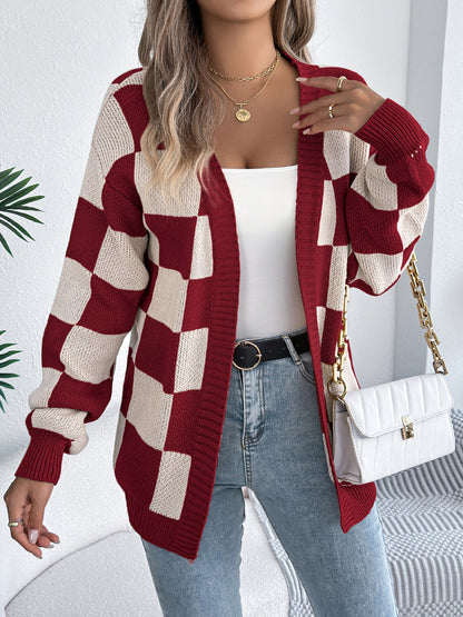 Color Block Plaid Lantern Sleeve Cardigan Sweater Mid-Length Coat