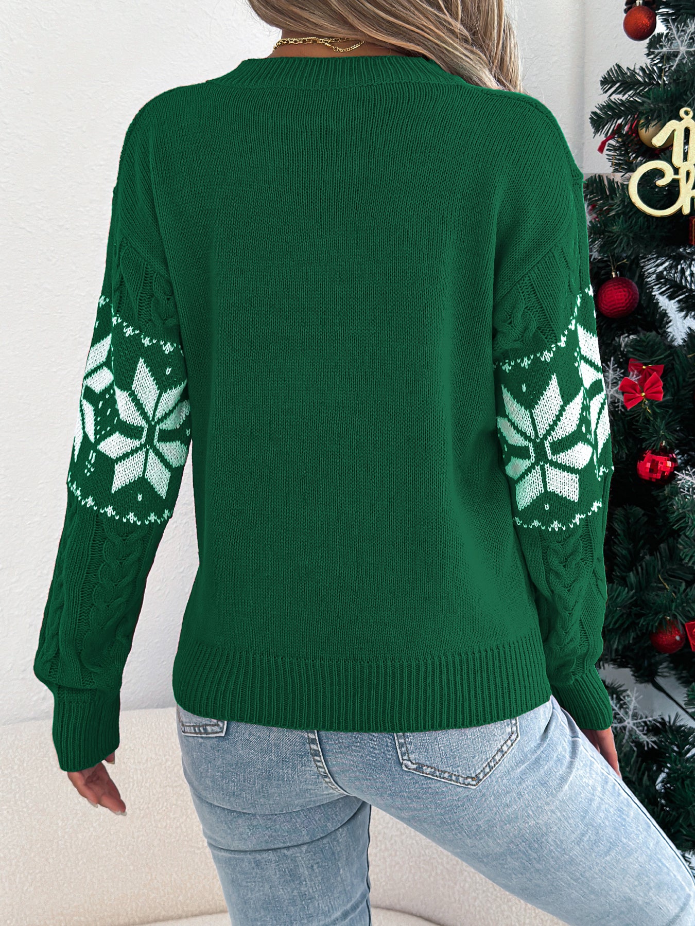 Snowflake Pattern Lantern Sleeve Pullover Sweater