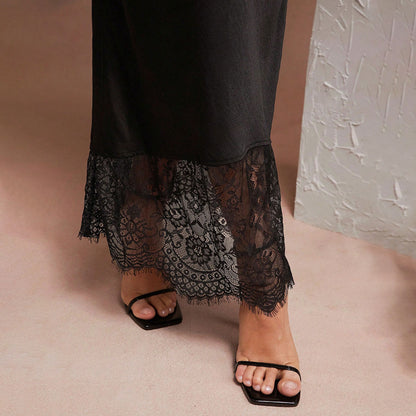 Lace Patchwork Satin Dress With A Luxurious Touch For Socialites
