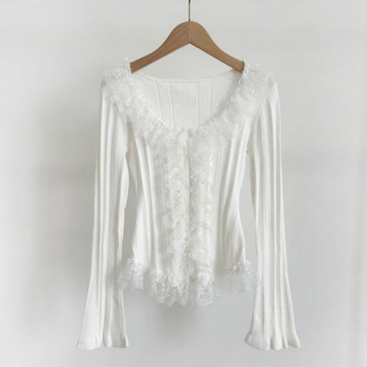 Wooden Ear Lace Stitching U-collar Knitted Top
