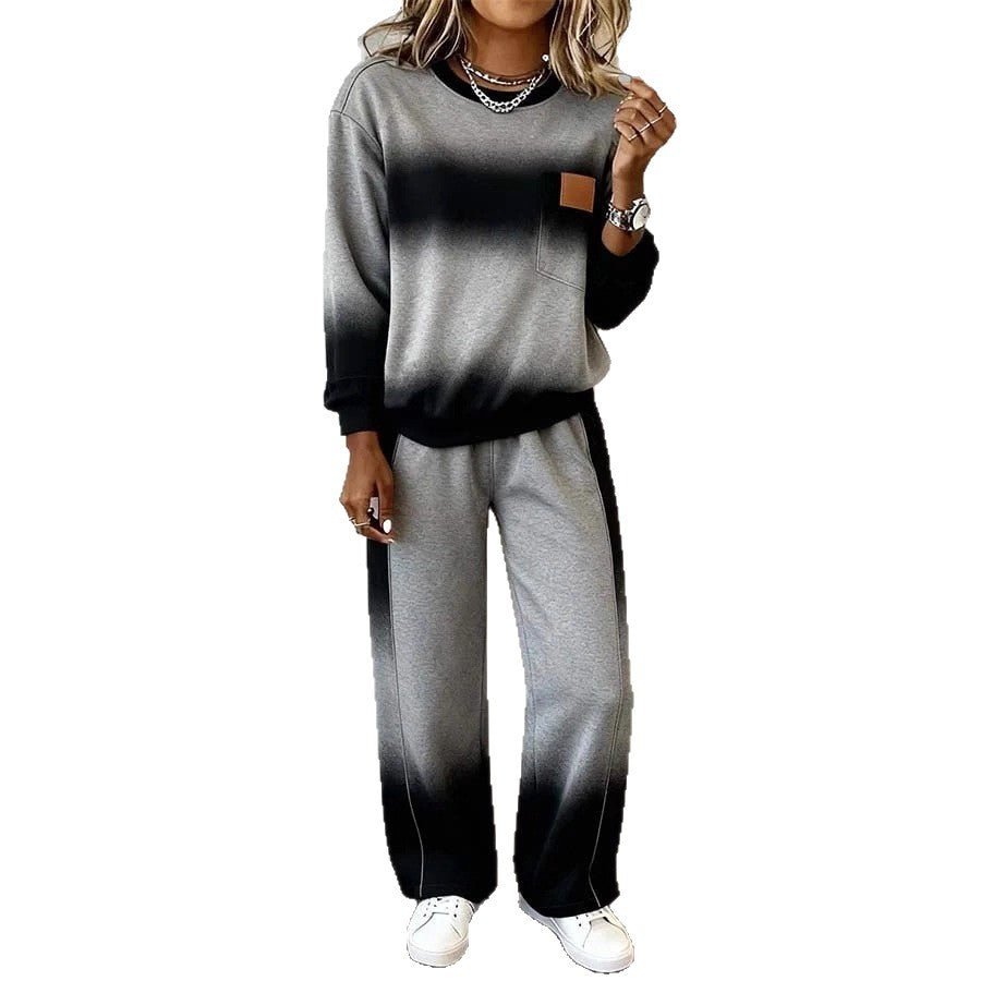 Women's Top With Slit Long Sleeve Round Neck Casual Solid Color Set