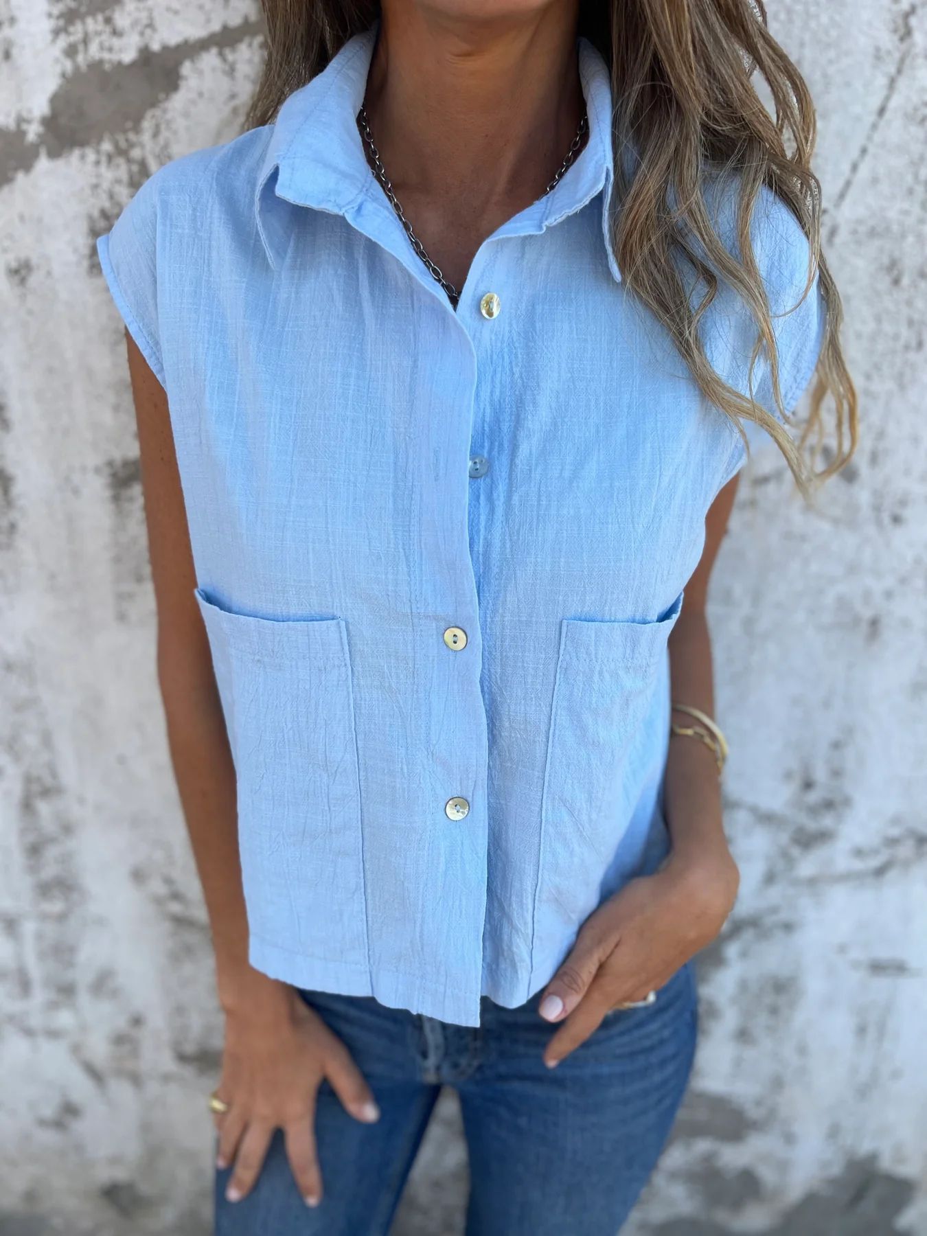 Casual Loose Short Sleeves Button Pocket Cotton Linen Shirt Women