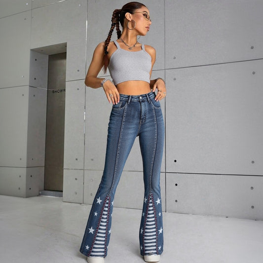 Women High Waisted Star Patchwork Flare 4th Of July Outfits For Women Bell Bottom Denim Pants For Curvy Girls Slim Fit Curve Enhancing Soft Stretch Fabric