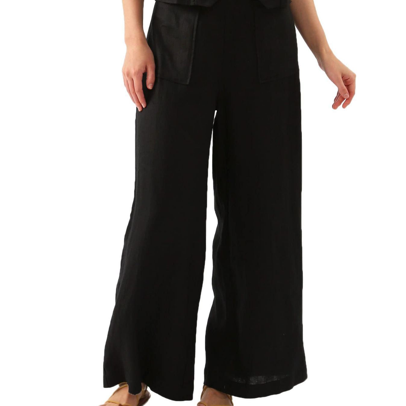 Solid Color Button High Waist Wide Leg Casual Pants Women