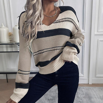 Women's French Vintage Striped Sweater, V-Neck Long Sleeve Stretch Knit Top For Fall Winter Layering