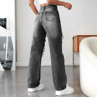 Ripped Straight Denim Women's Loose Trousers