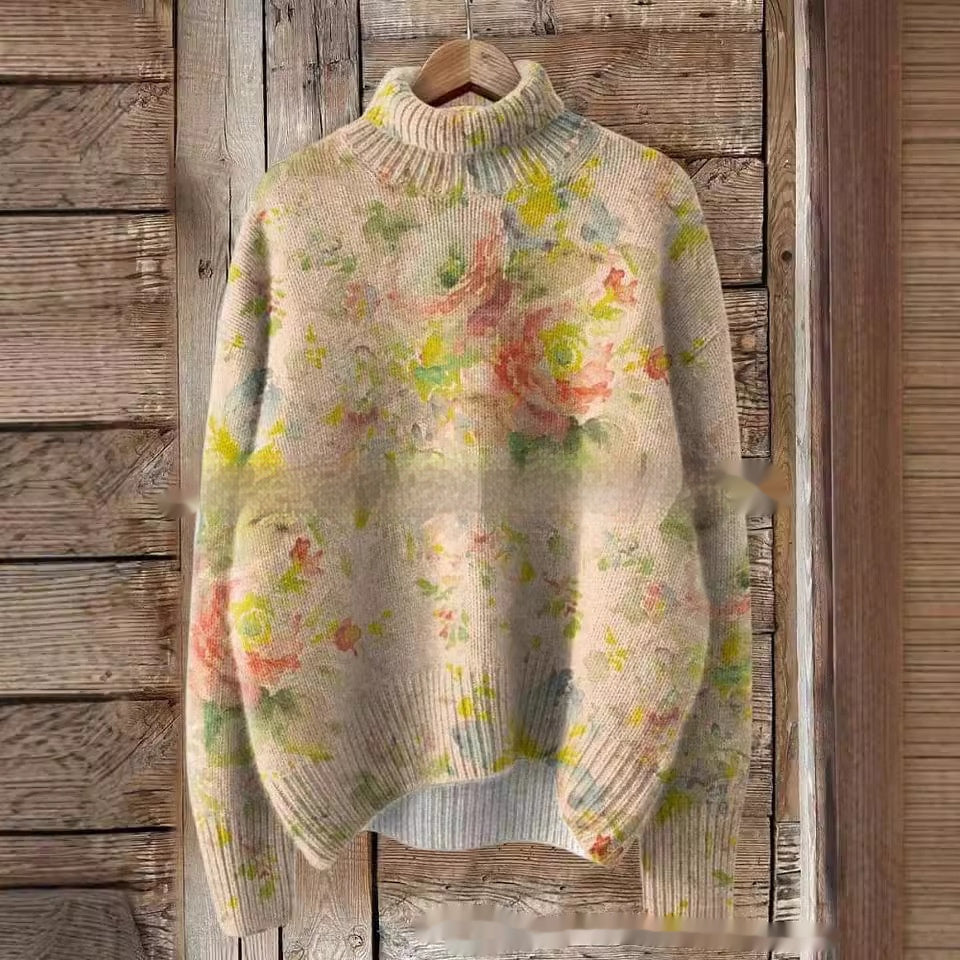 Abstract Printing Casual Cloak Turtleneck Pullover Women