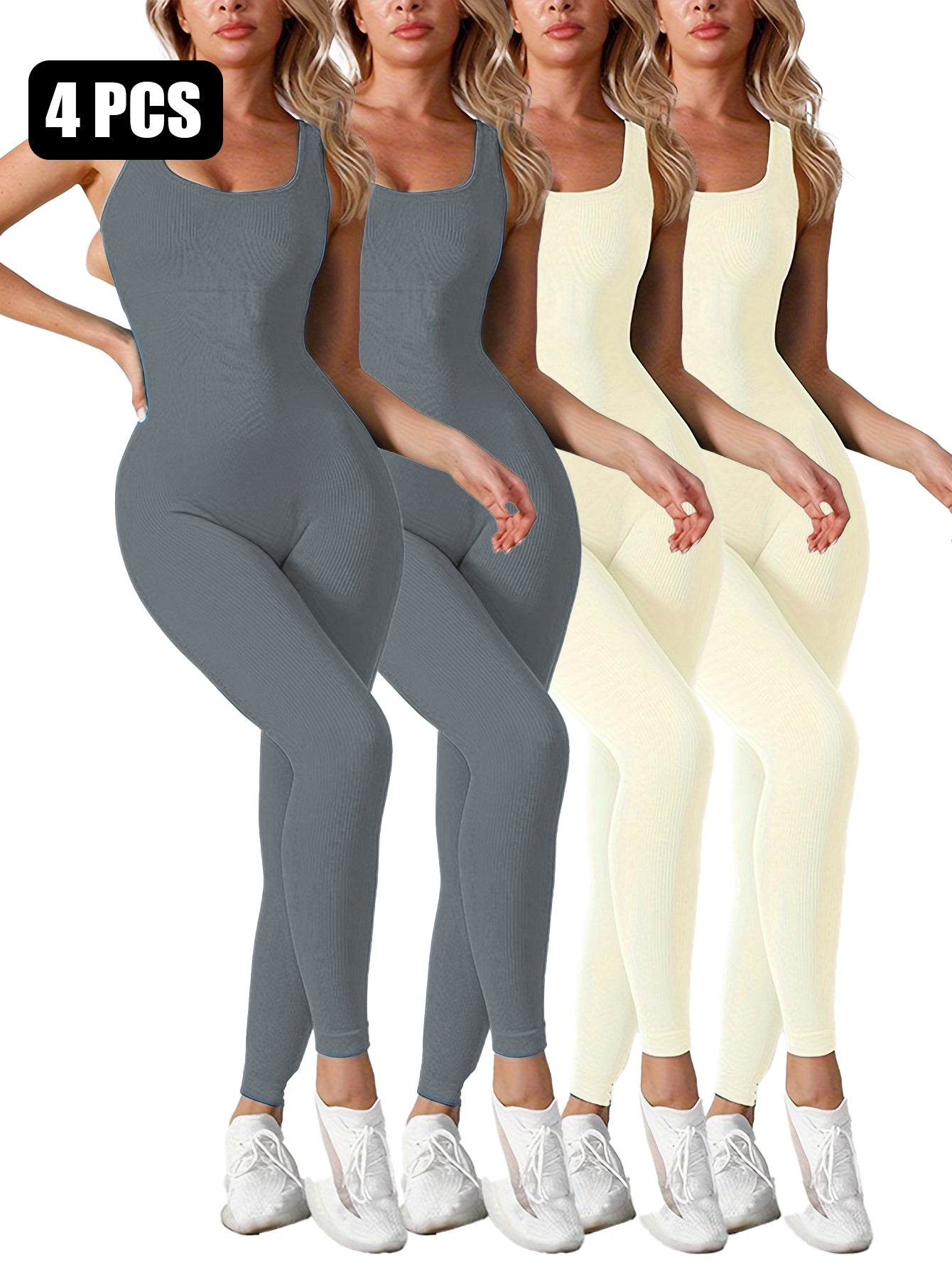 4 Pack Women's Square Neck Tank Shaping Jumpsuit - Ribbed, Tummy Control & Butt Lifting