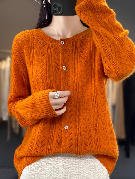 Round Neck Cardigan Hollow Cashmere Sweater Coat For Women