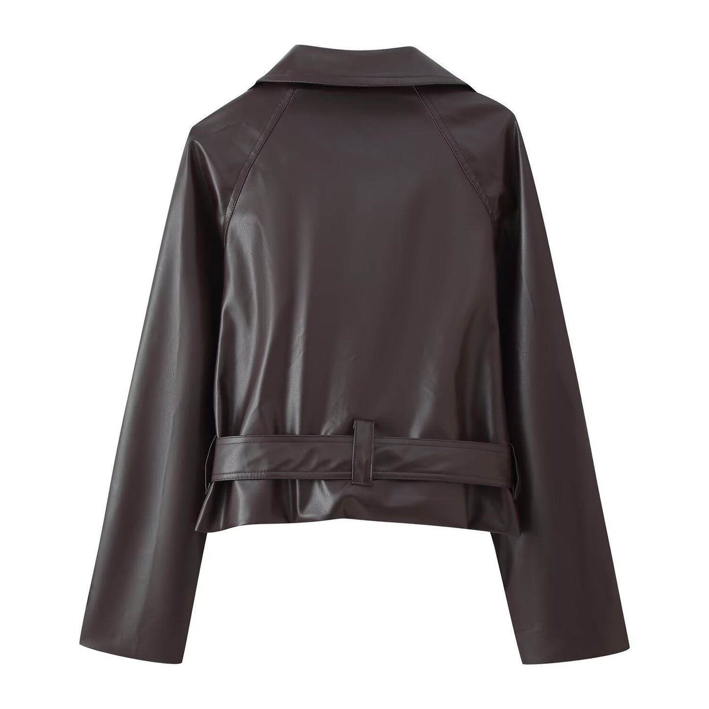 Trendy Wild Two-color Double Breasted Short Lace Up Leather Coat