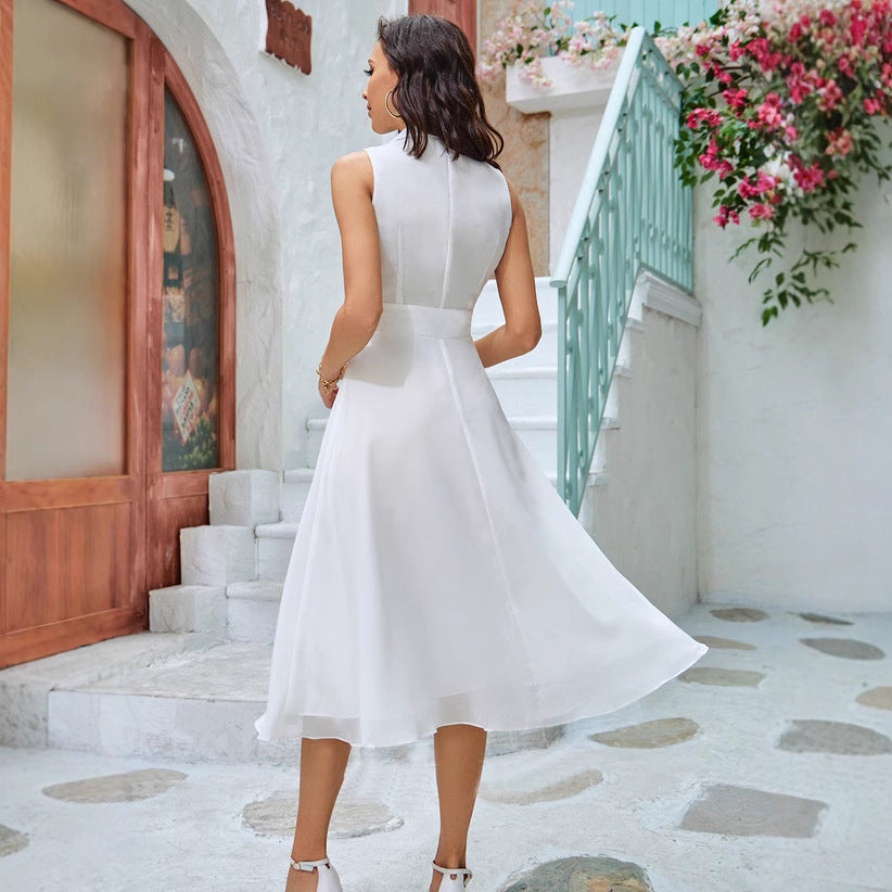 Women's V-neck Solid Color Sleeveless Chiffon Dress