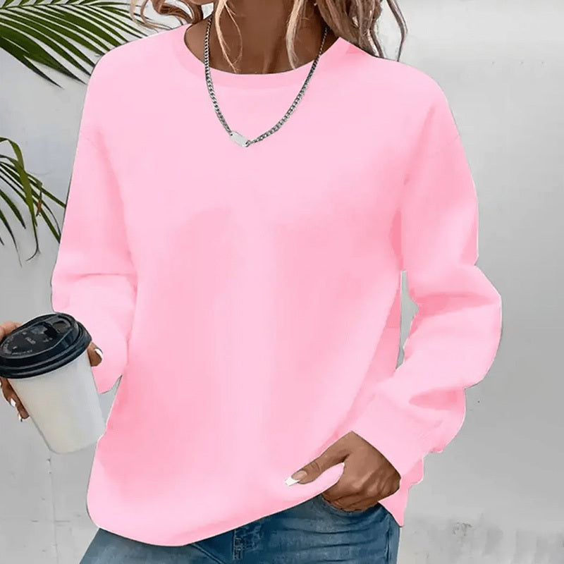 Women's Solid Color Casual Pullover Sweatshirt - Minimalist Round Neck Long Sleeve Top For Spring&Fall