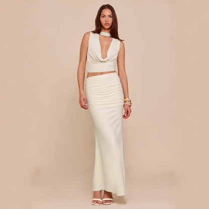 Sleeveless Stacked Neckline Women's Top With Fashionable Pleated Long Skirt Two-piece Set