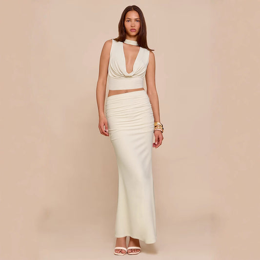 Sleeveless Stacked Neckline Women's Top With Fashionable Pleated Long Skirt Two-piece Set