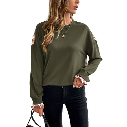 Women's Thin Plaid Stitching Crew Neck Pullover Sweatshirt