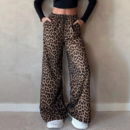 European And American Women's Clothing Satin Casual Pants Fall High Waist Leopard-print