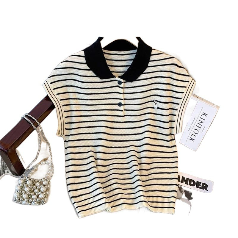 Ice Silk Short Sleeve Striped Embroidery Contrast Color Button Polo