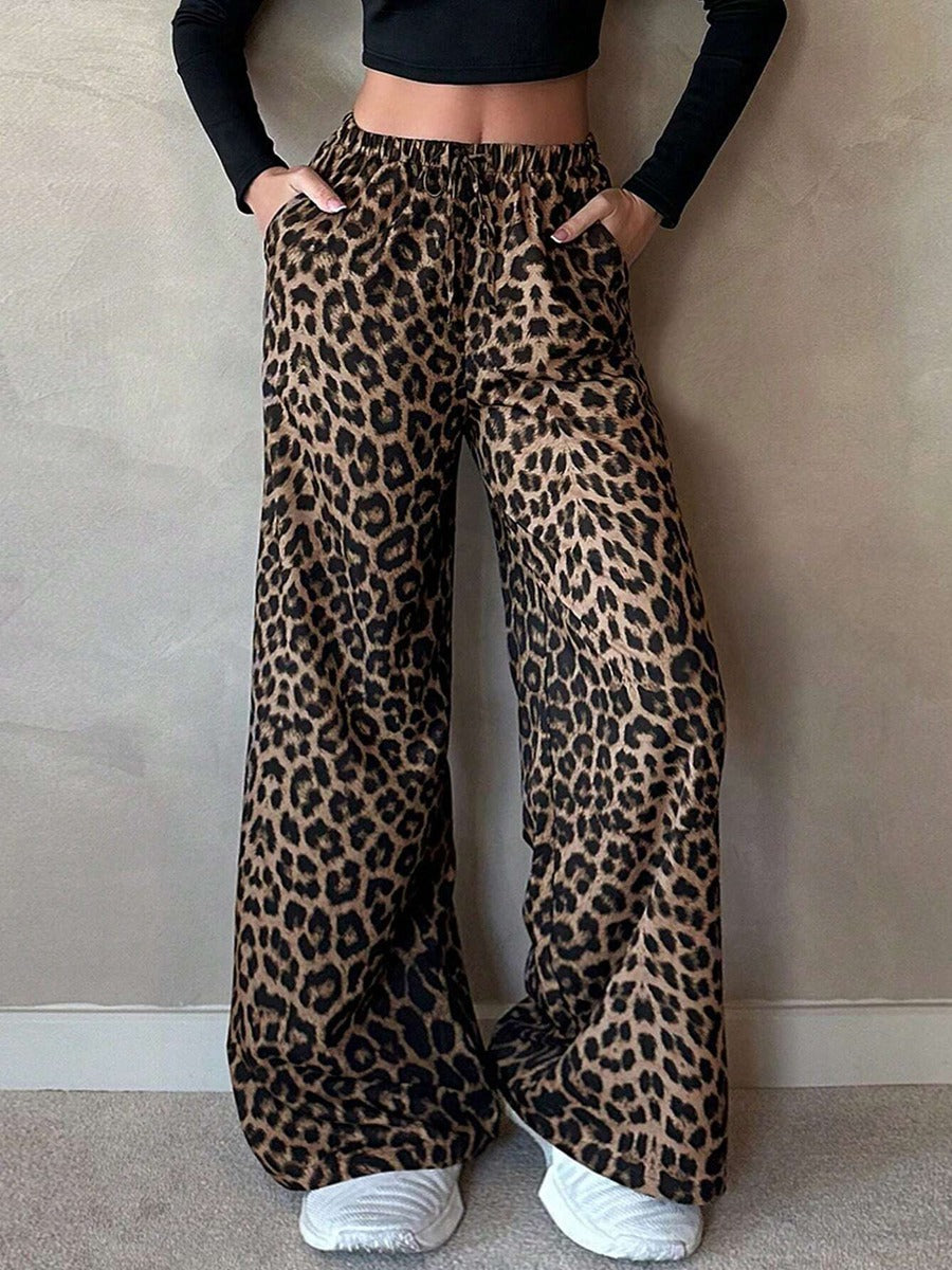 European And American Women's Clothing Satin Casual Pants Fall High Waist Leopard-print