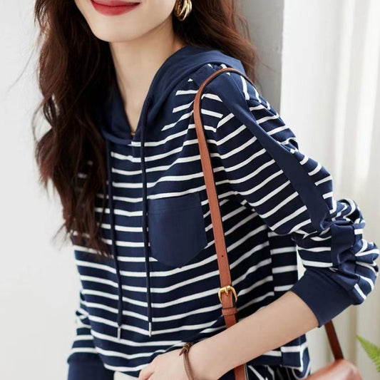 Simple Commute Hit Pocket Contrast Color Hooded Long Sleeve T-shirt