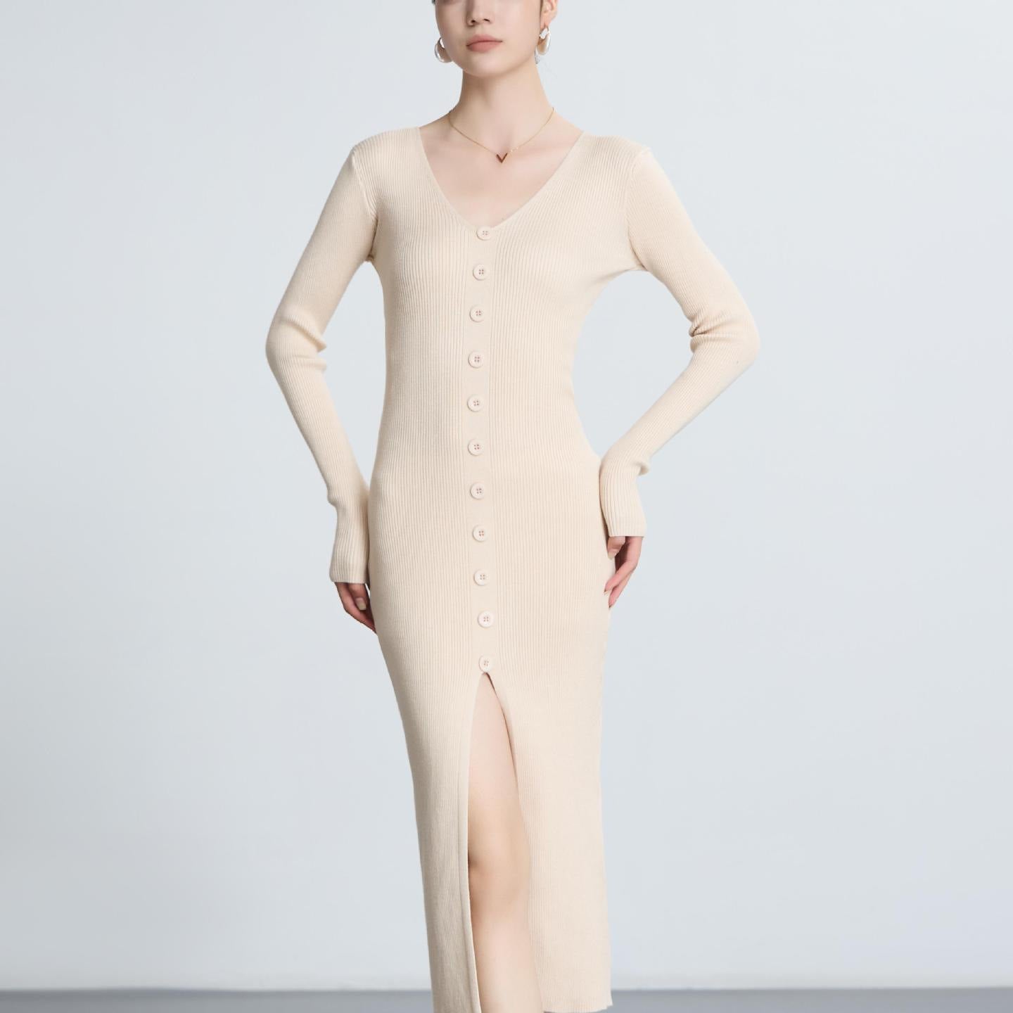 V-neck Knitted Dress Slim Slimming Temperament Single-breasted Hip-wrapped Mid-length Dress