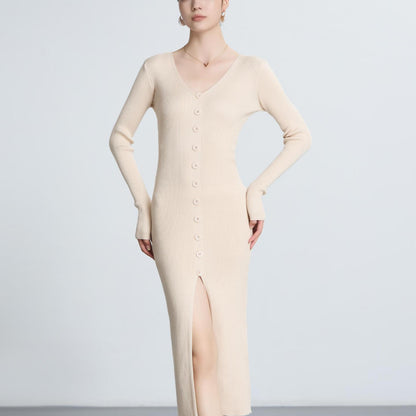 V-neck Knitted Dress Slim Slimming Temperament Single-breasted Hip-wrapped Mid-length Dress