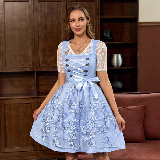 US Women's Blue Retro Dress Square Collar Lace Up