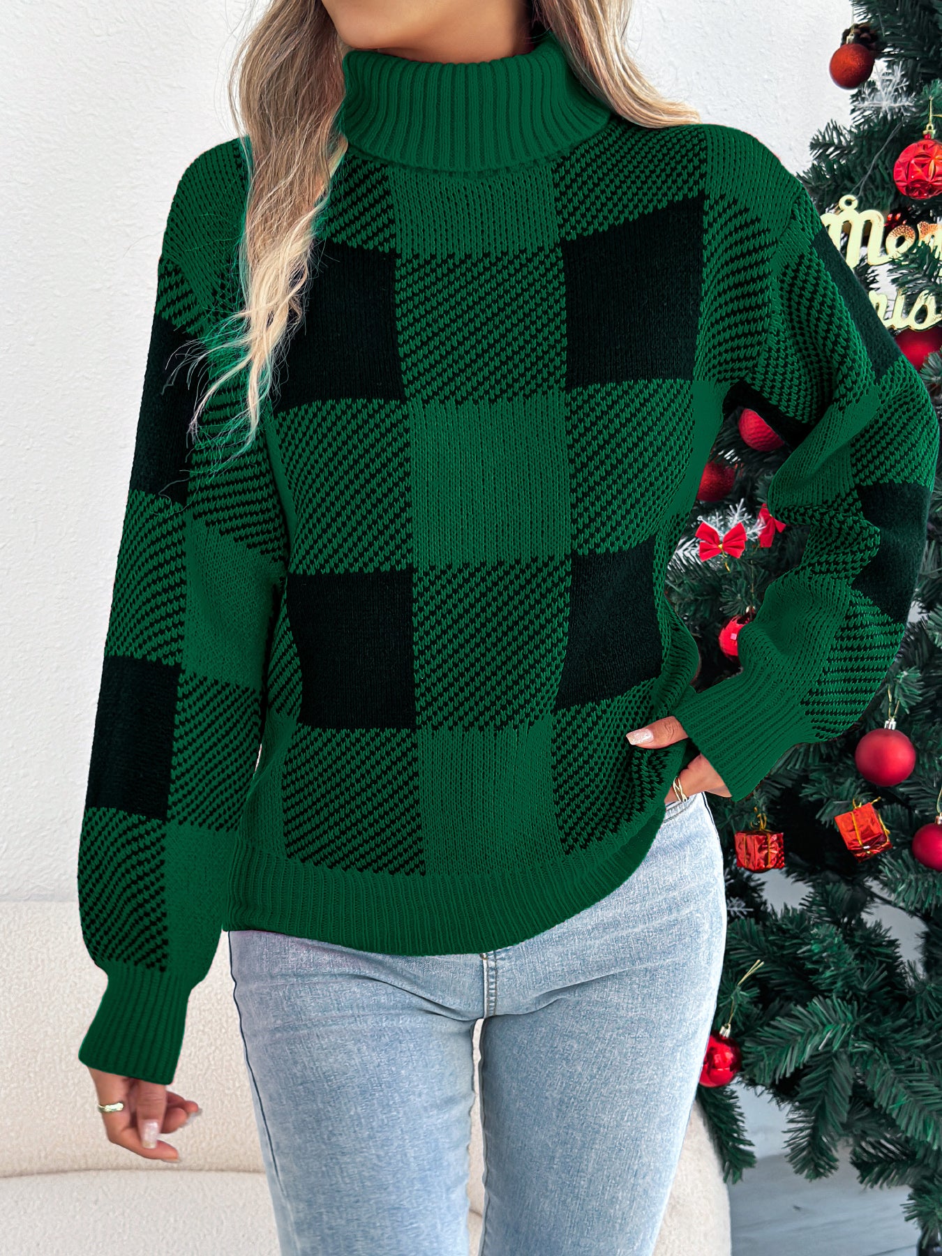 Casual Color Block Plaid Lantern Sleeve High Neck Sweater