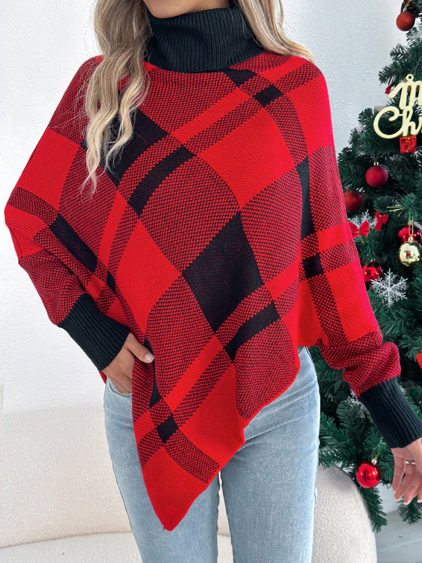 Casual Color Block Plaid High Neck Long Sleeve Poncho Sweater