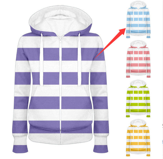 Loose Hooded Stripes Long-sleeve Zipper Sweatshirt Cardigan