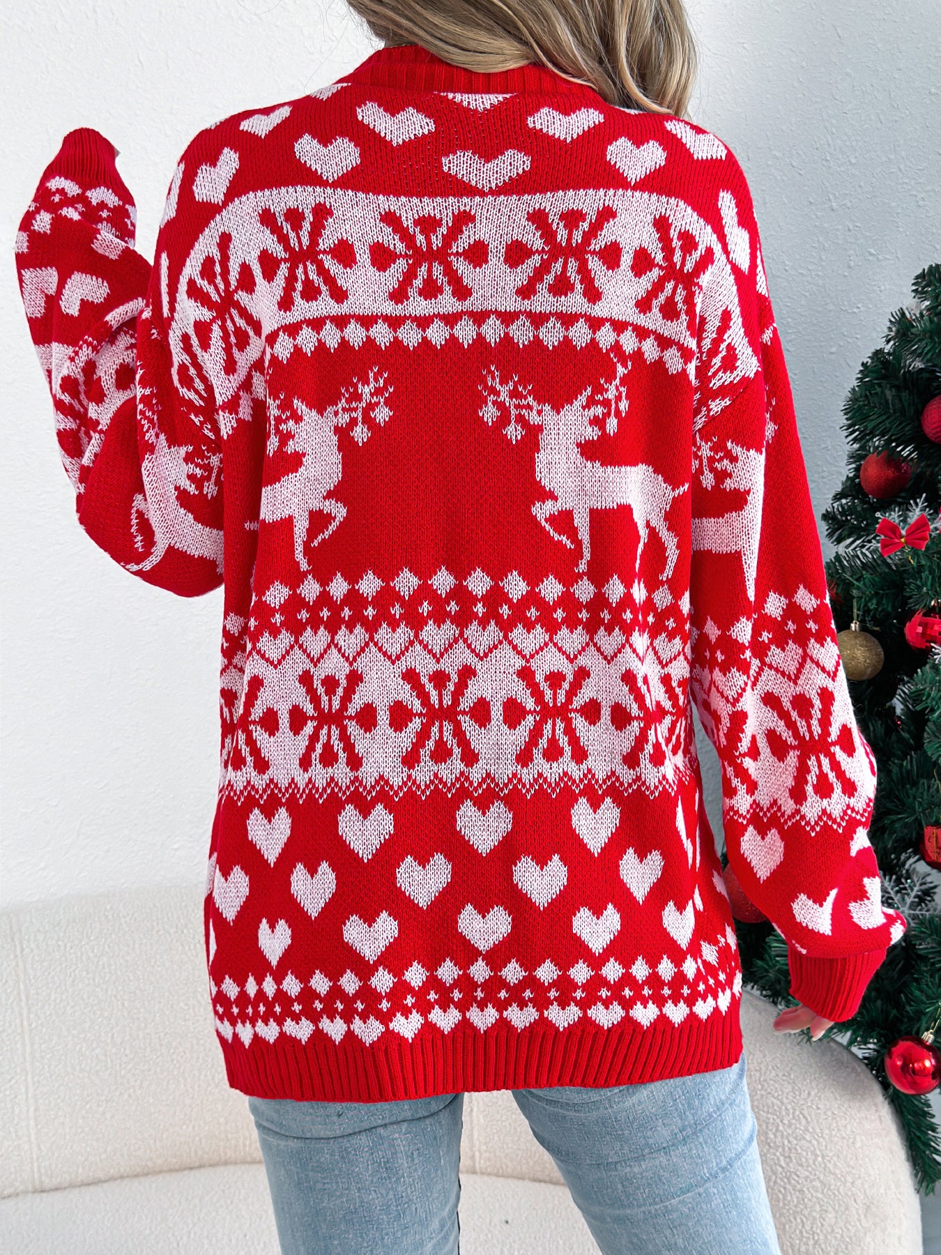 Christmas Deer Pocket Long Sleeve Cardigan Sweater Coat