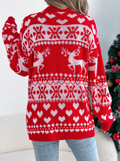 Christmas Deer Pocket Long Sleeve Cardigan Sweater Coat