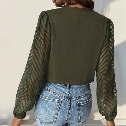All-matching Solid Color And V-neck Pleated Lace See-through Long-sleeved Jumpsuit