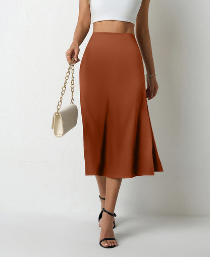 Popular Satin Midi Summer Long Slit Office Skirt