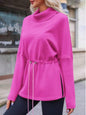 Fisoew Women's Turtleneck Sweatshirts Fleece Drawstring Waist Casual Long Sleeve Pullover Sweater Side Slit Tunic Tops