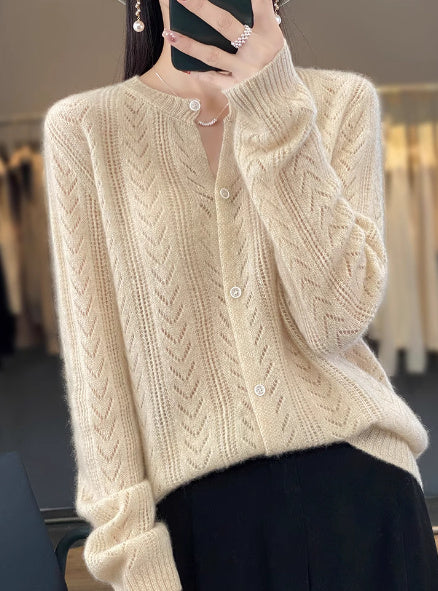 Round Neck Cardigan Hollow Cashmere Sweater Coat For Women