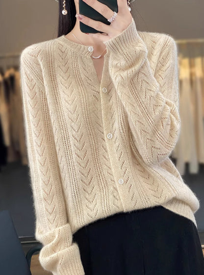 Round Neck Cardigan Hollow Cashmere Sweater Coat For Women