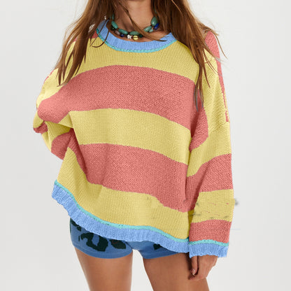 Women's Fashion Loose Color-block Striped Sweater