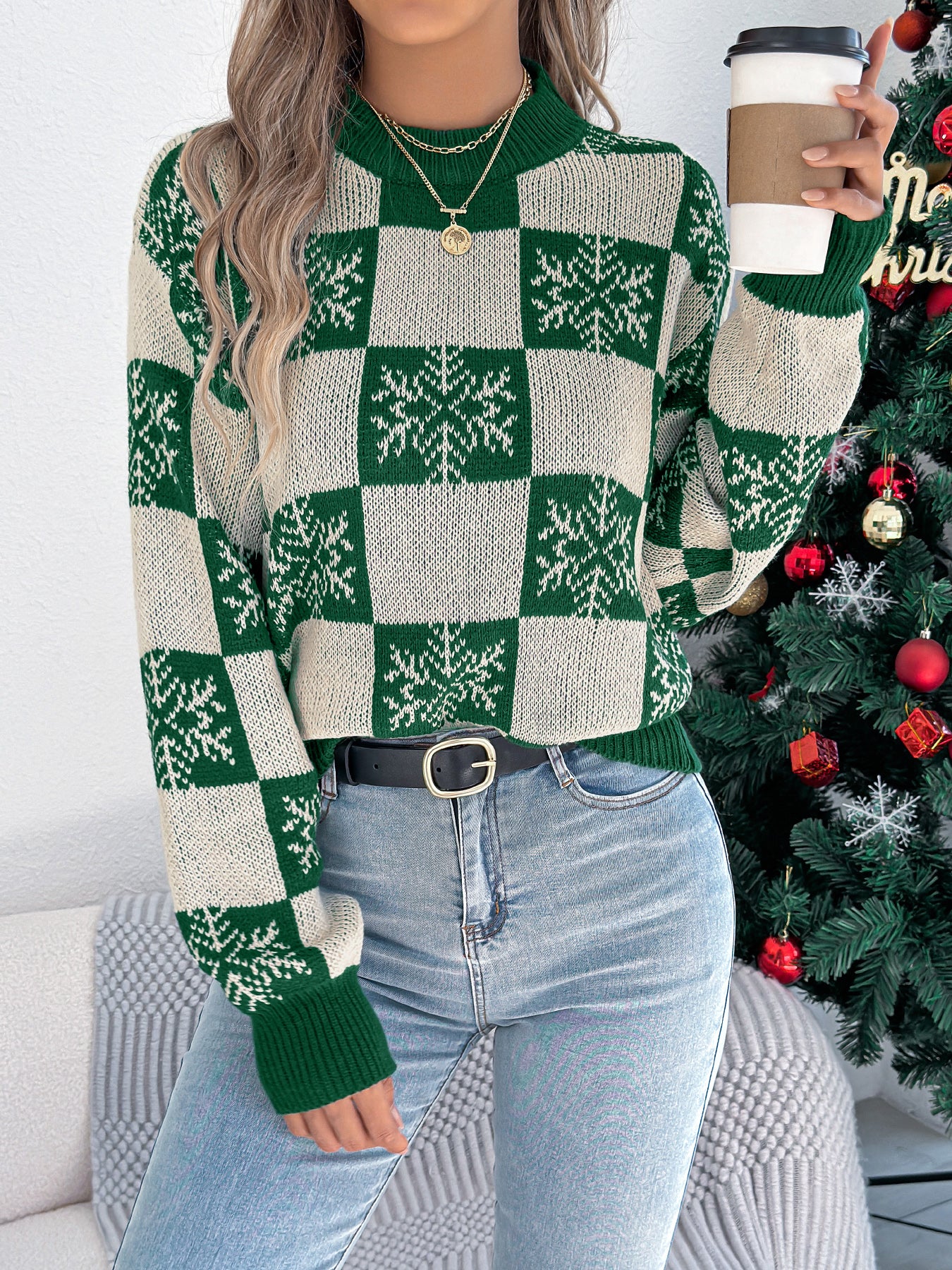 Snowflake Plaid Lantern Sleeve Pullover Sweater