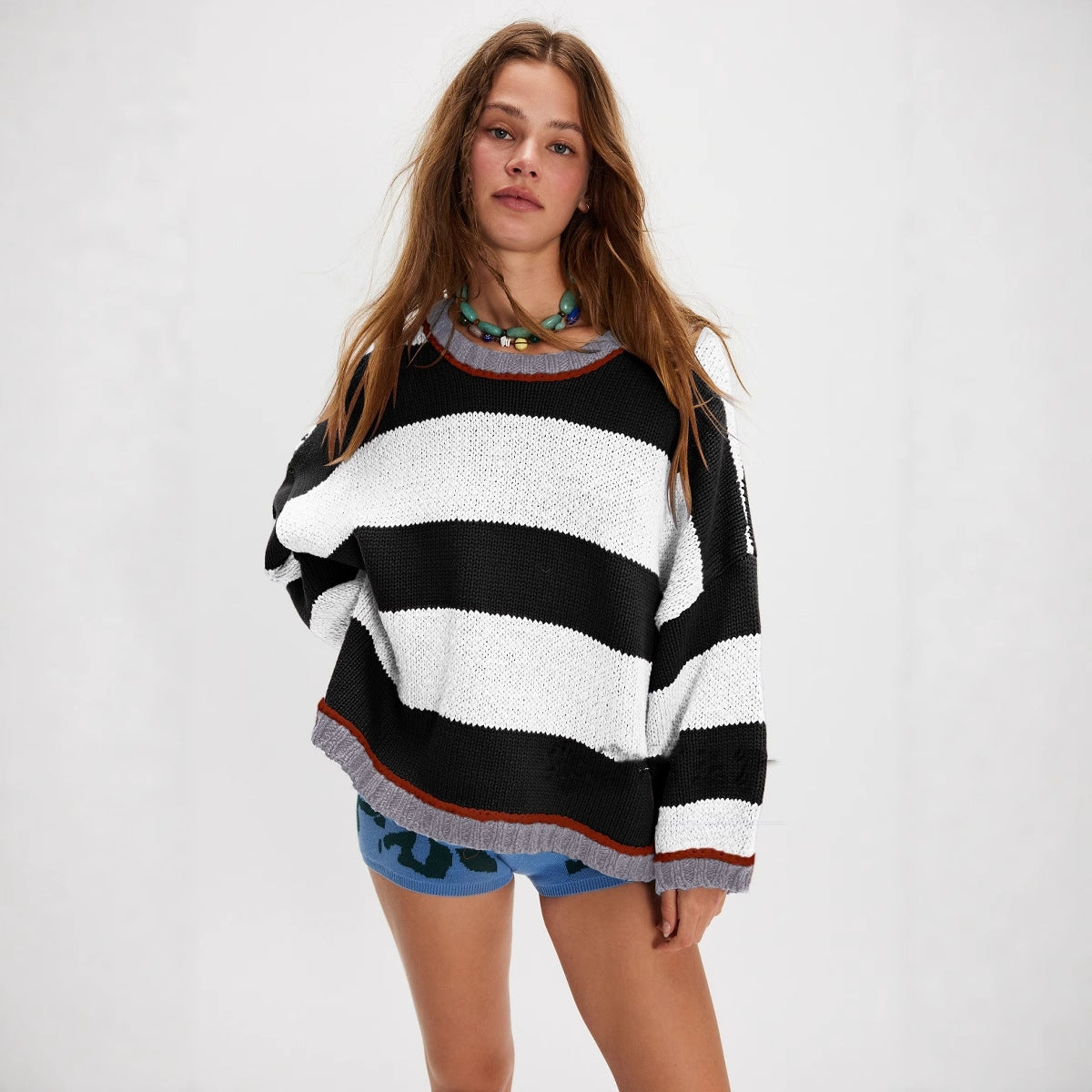 Women's Fashion Loose Color-block Striped Sweater