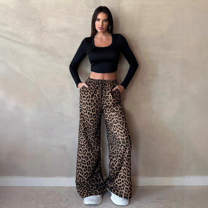 European And American Women's Clothing Satin Casual Pants Fall High Waist Leopard-print