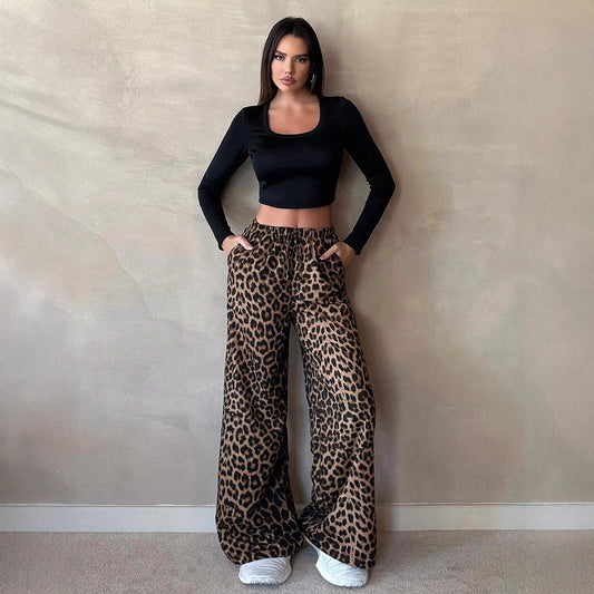European And American Women's Clothing Satin Casual Pants Fall High Waist Leopard-print