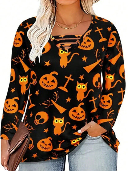 Digital Printing Halloween Round Neck Long Sleeve Plus Size T-shirt