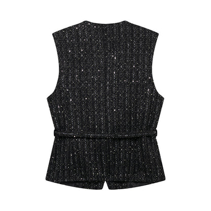 Spring New Casual Belt Vest Women's Clothing With Belt Texture Vest
