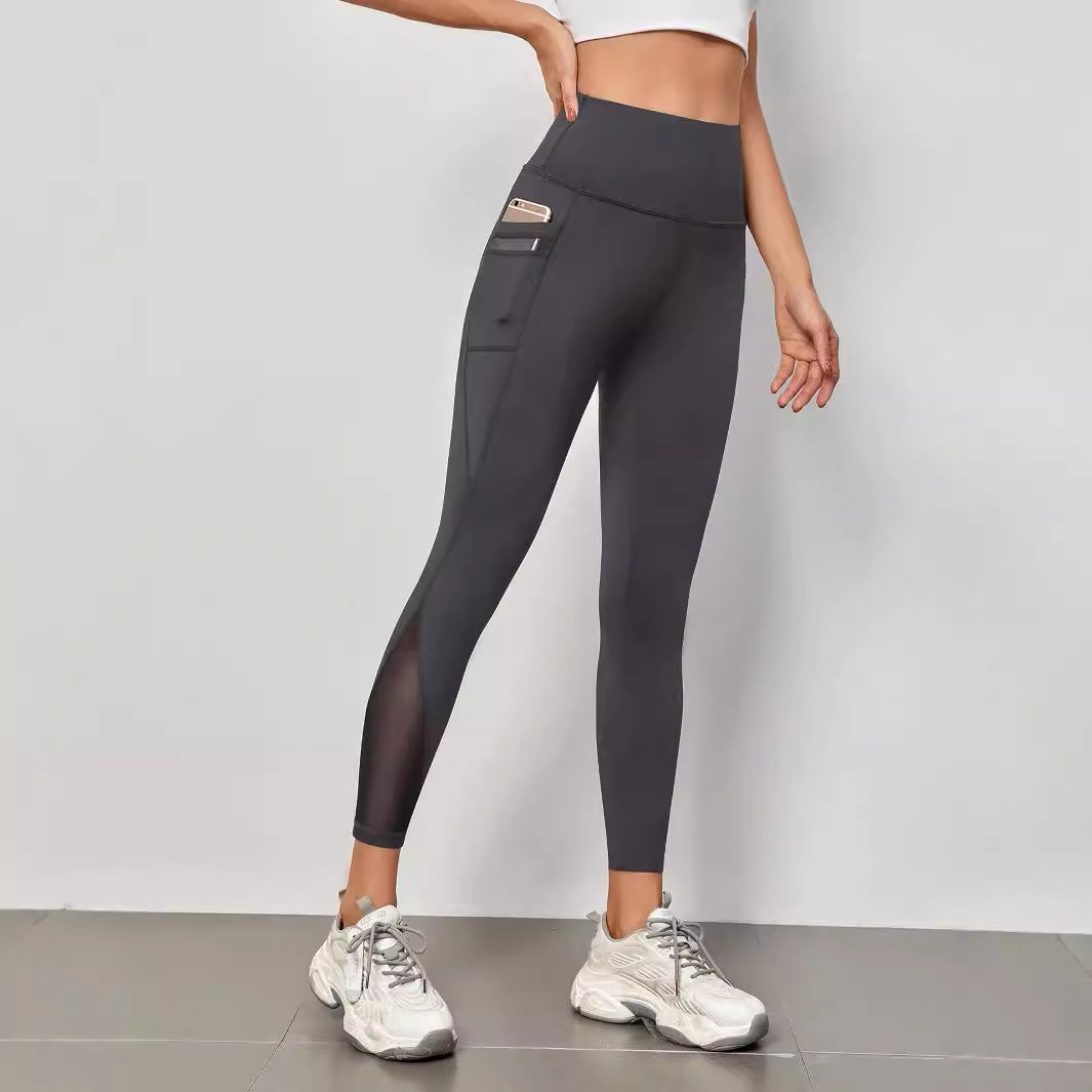 High Waist Grenadine Stitching Yoga Pants Pocket Quick-drying Breathable Hip Lifting Sport