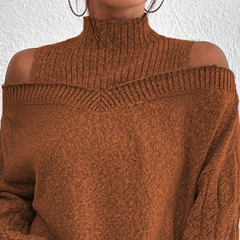 Women's Cold Shoulder Sweater - Sexy High Neck Cut Out Pullover Long Sleeve Top