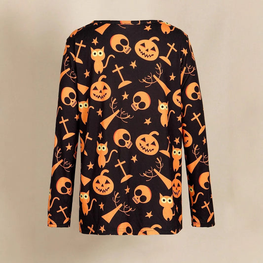 Digital Printing Halloween Round Neck Long Sleeve Plus Size T-shirt