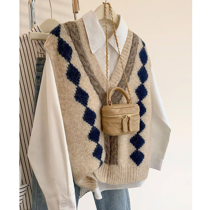 Diamond Lattice Retro Knitted Waistcoat V-neck Outerwear Sweater Vest